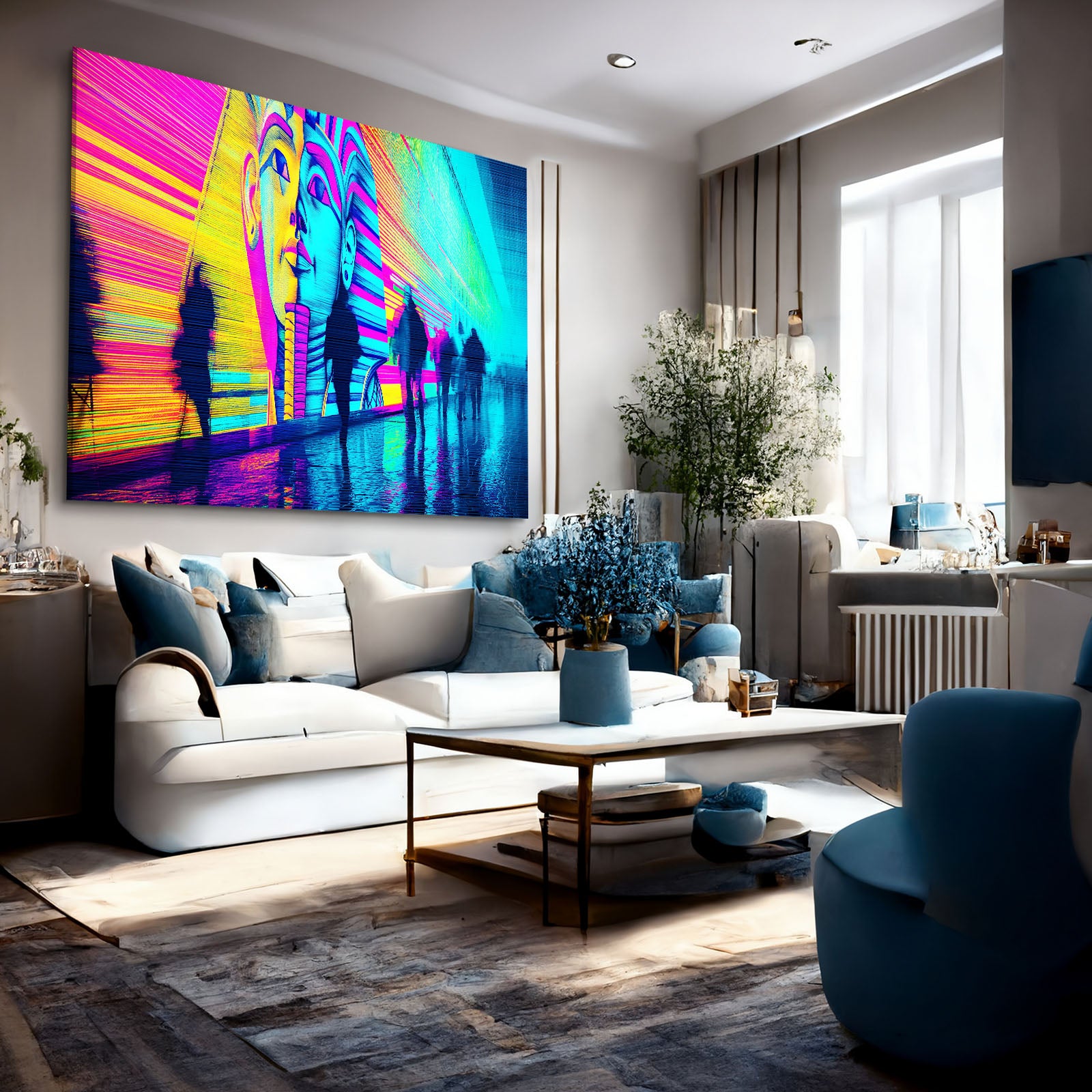 Neon Pharaoh Silhouettes Egyptian Prints – styled in a furnished interior