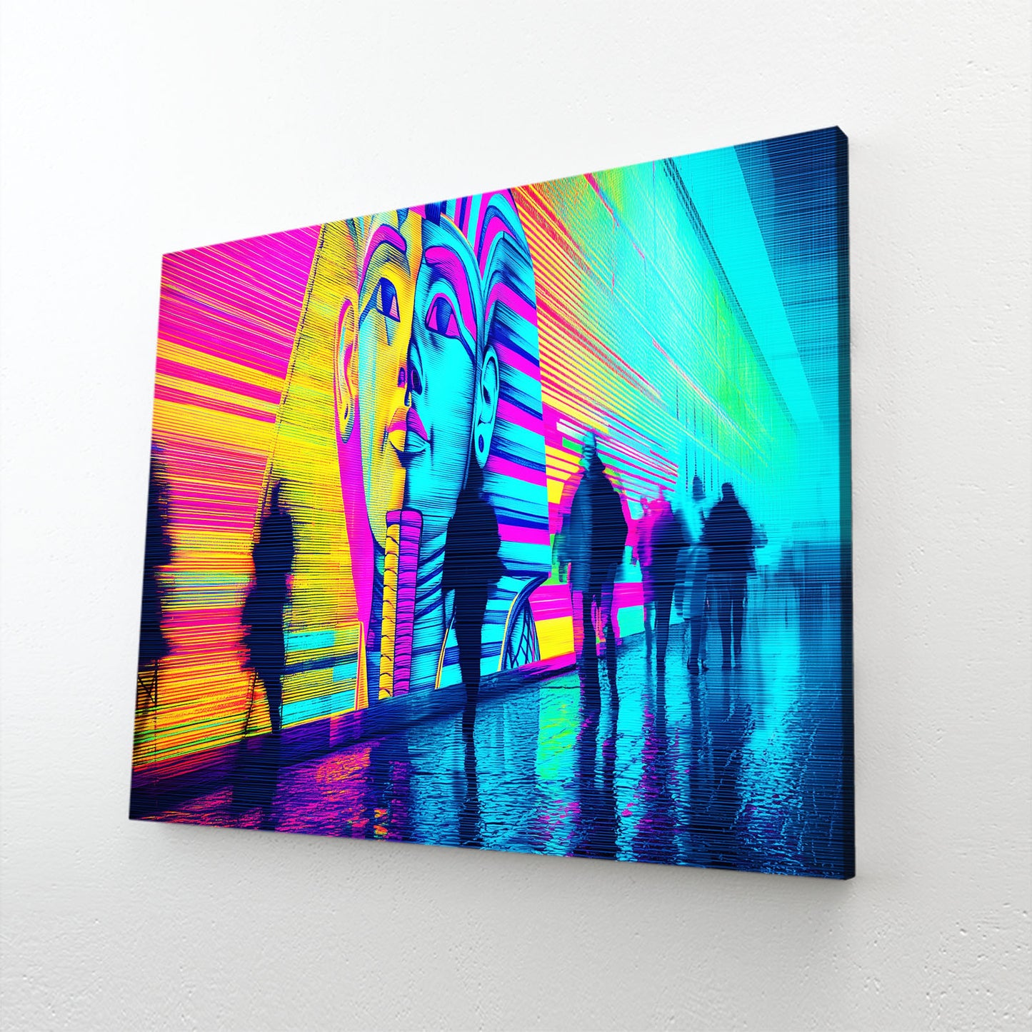 Neon Pharaoh Silhouettes Egyptian Prints – angled canvas view on white background