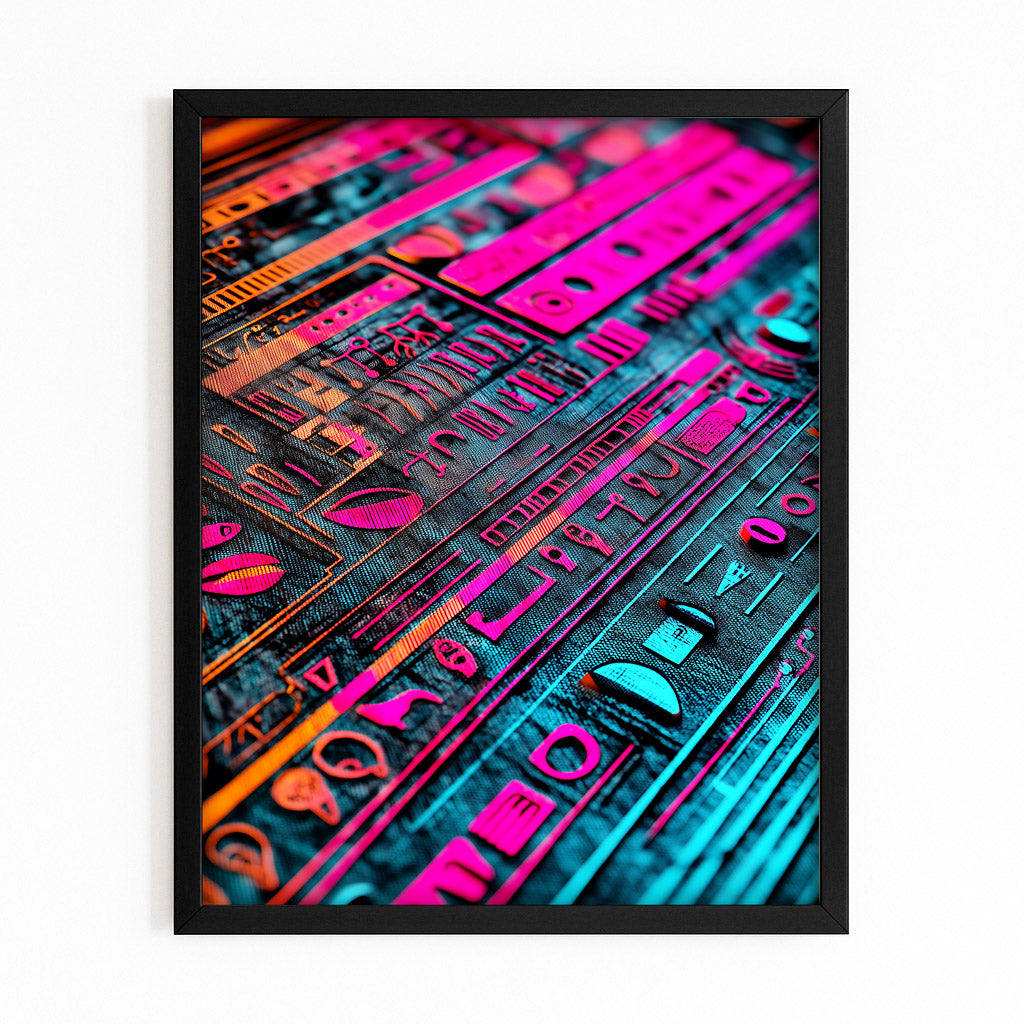 Neon Pink Hieroglyph Egyptian Wall Decor – with Premium Black frame on white background