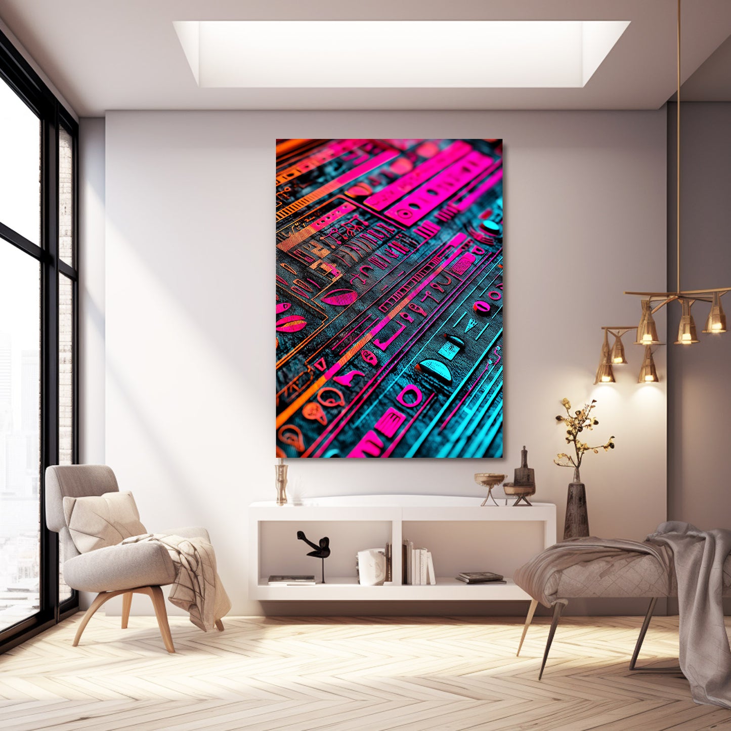 Neon Pink Hieroglyph Egyptian Wall Decor – styled in a furnished interior
