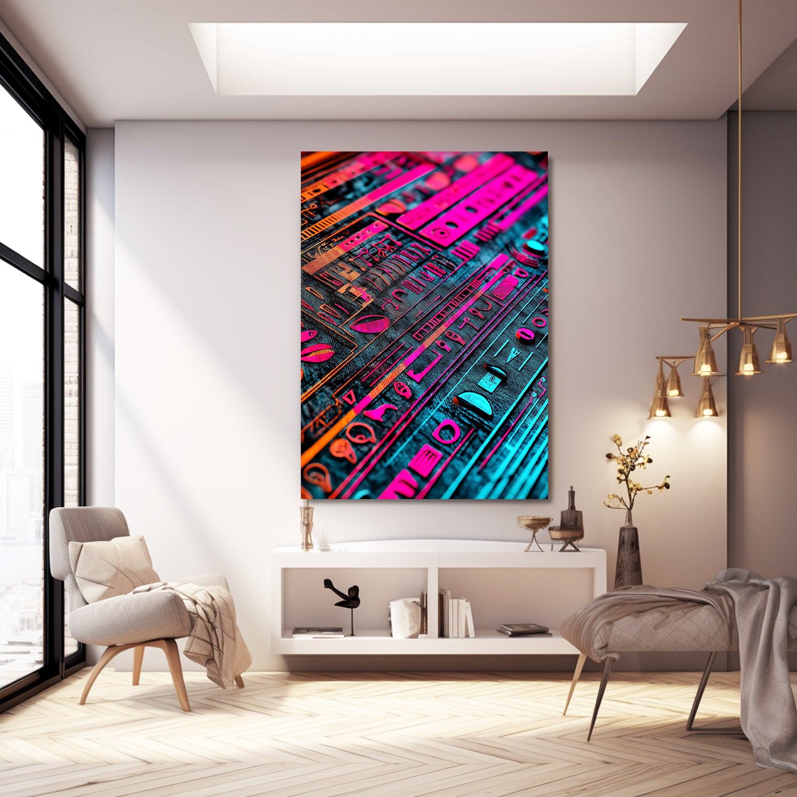 Neon Pink Hieroglyph Egyptian Wall Decor – styled in a furnished interior