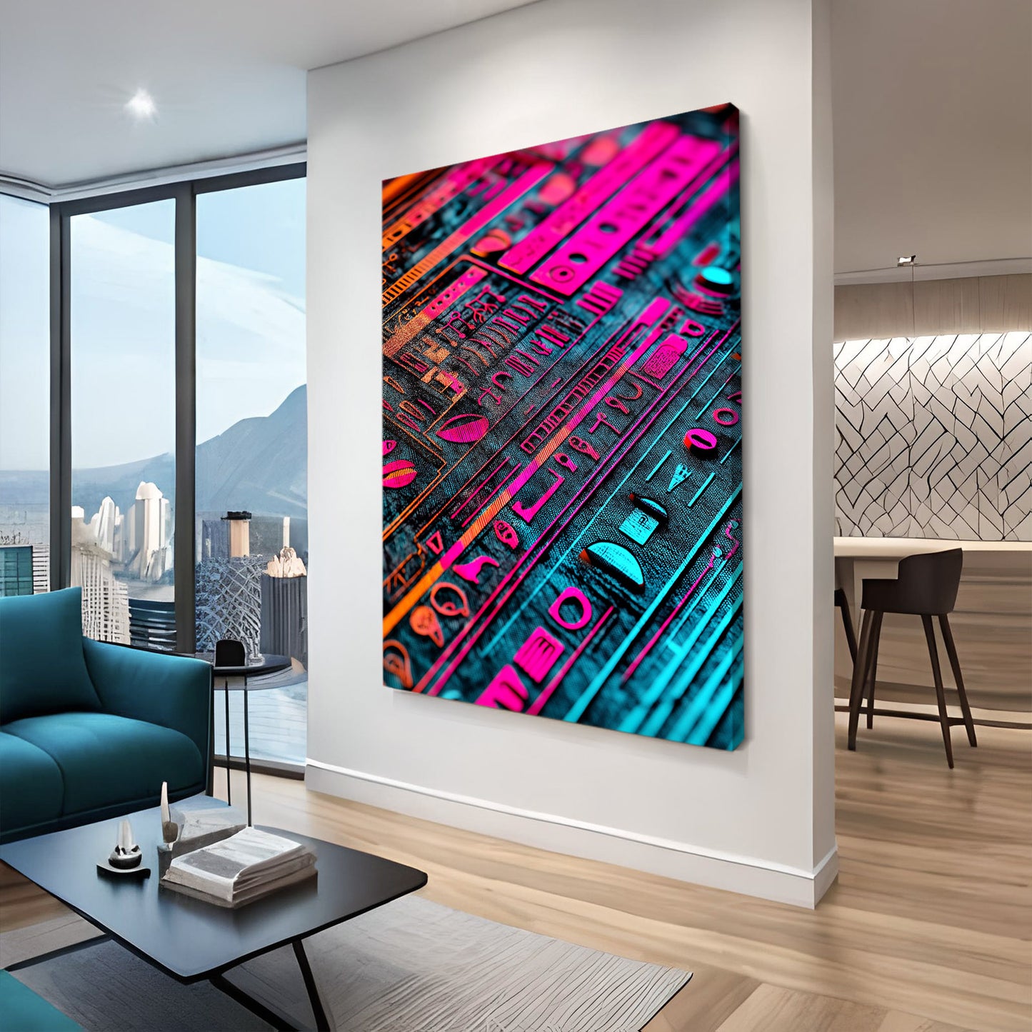 Neon Pink Hieroglyph Egyptian Wall Decor – styled in a furnished interior