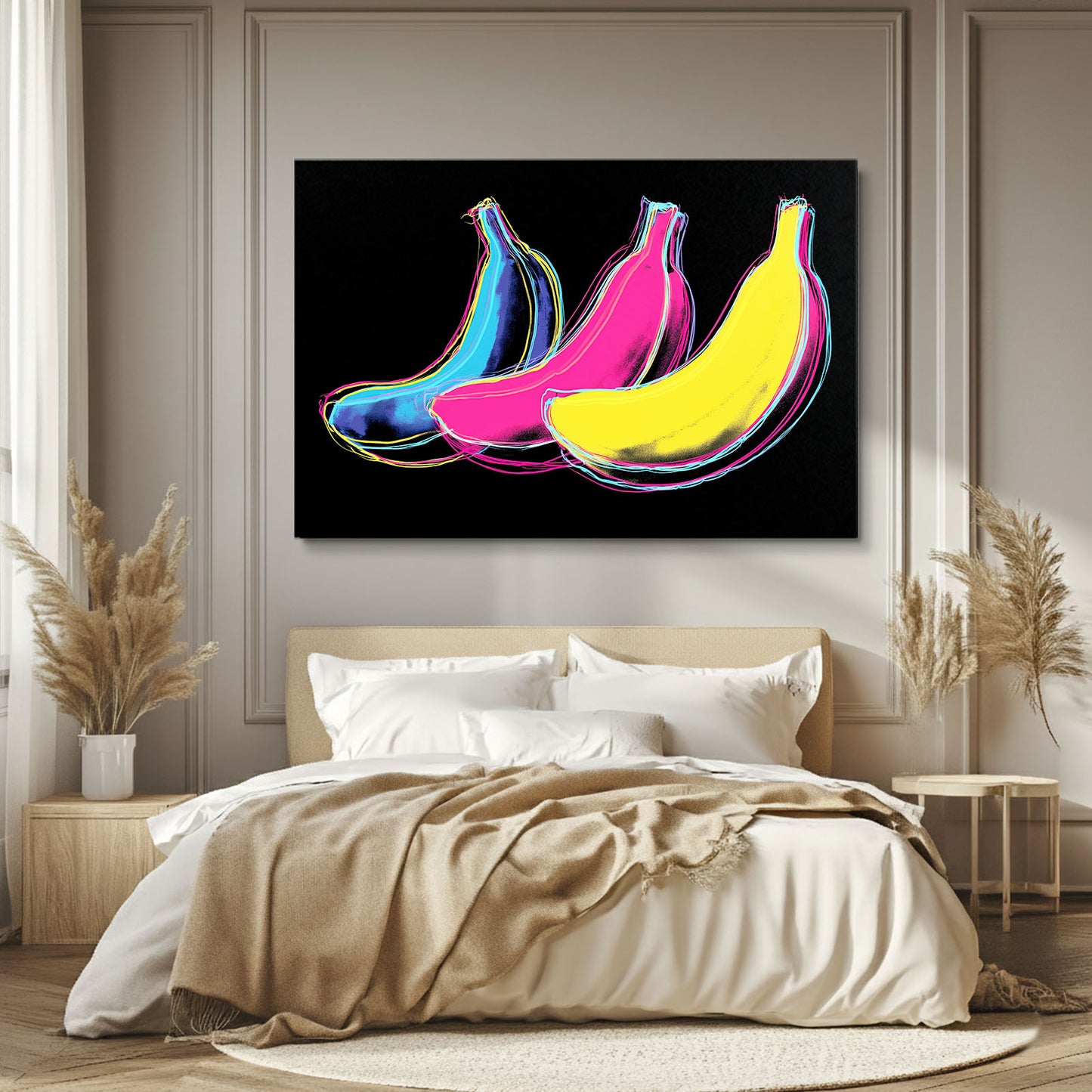 Neon Pop Bananas Fruit Art – styled in a furnished interior