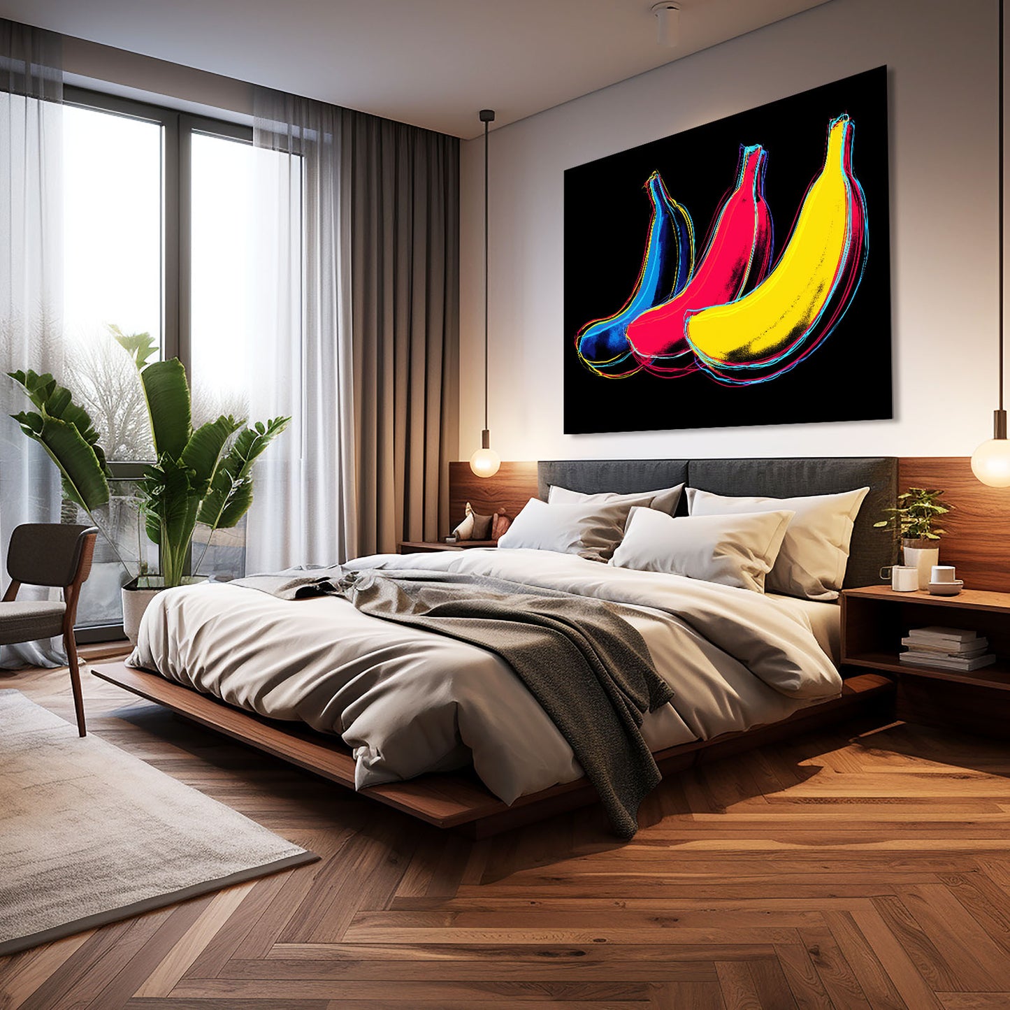 Neon Pop Bananas Fruit Art – styled in a furnished interior