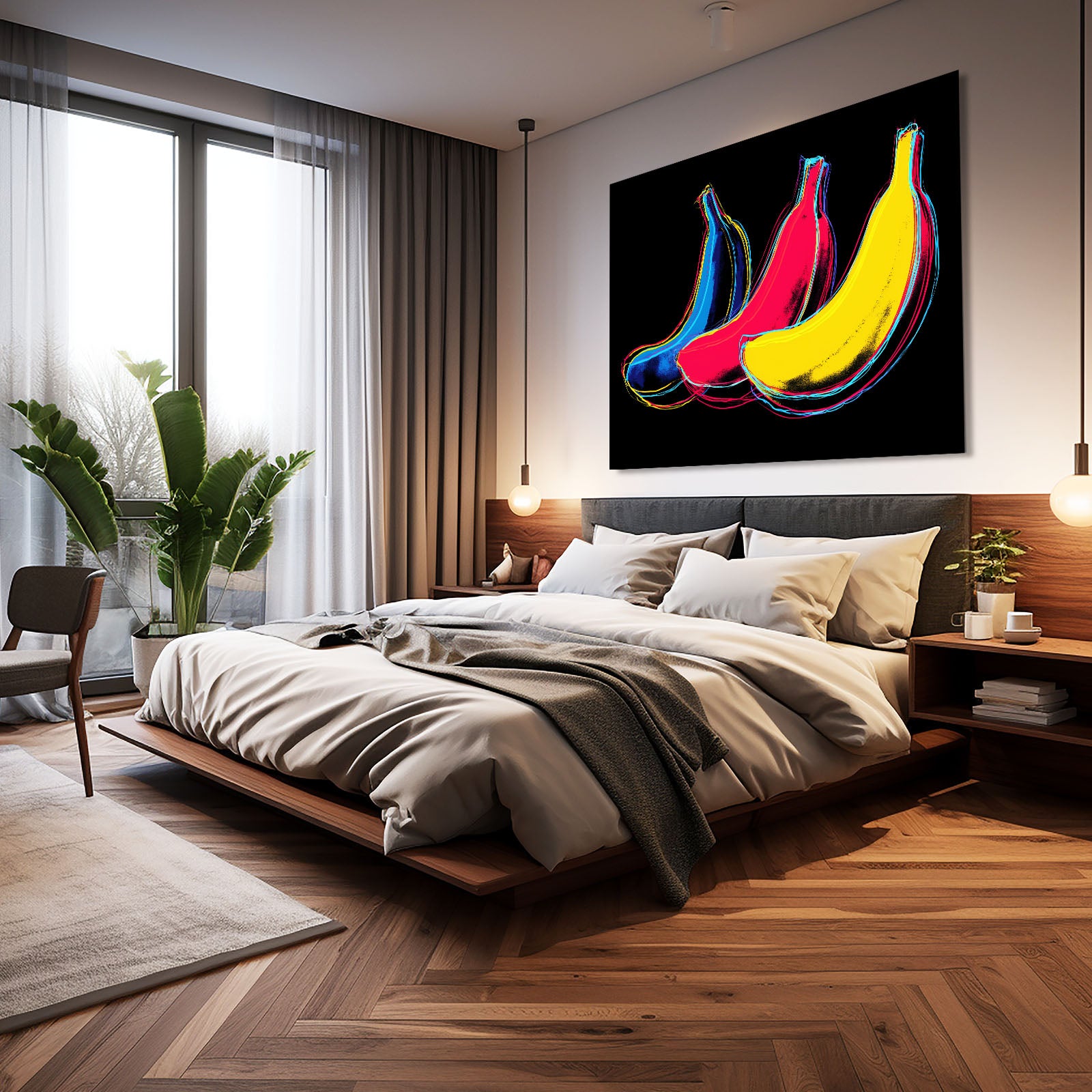 Neon Pop Bananas Fruit Art – styled in a furnished interior