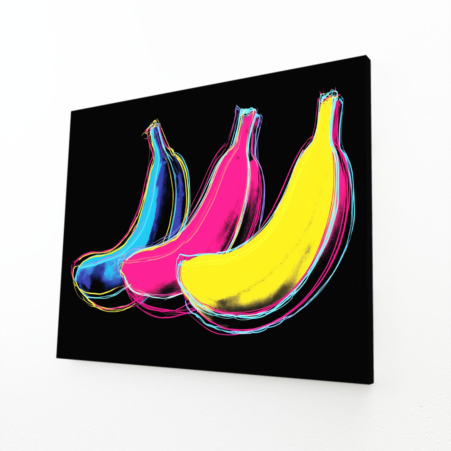 Neon Pop Bananas Fruit Art – angled canvas view on white background
