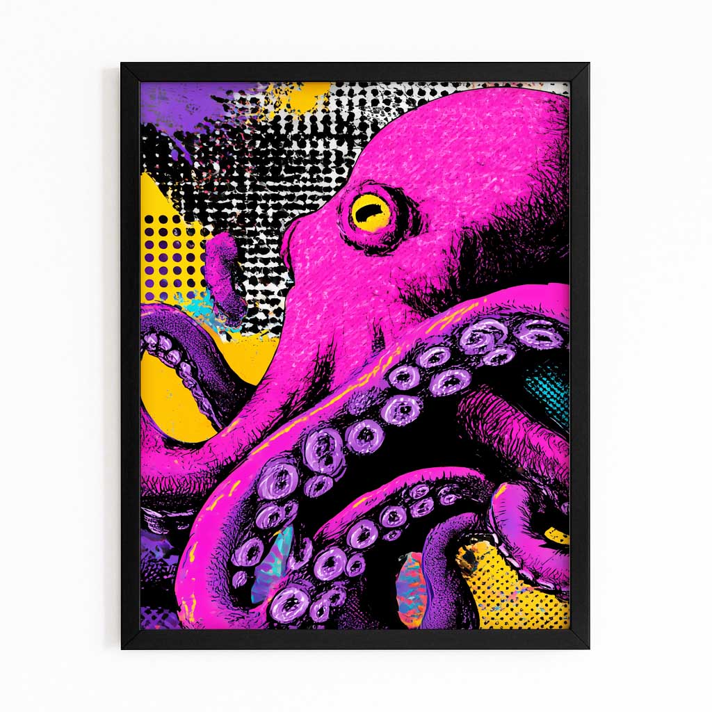 Neon Pop Halftone Octopus Wall Art – with Premium Black frame on white background