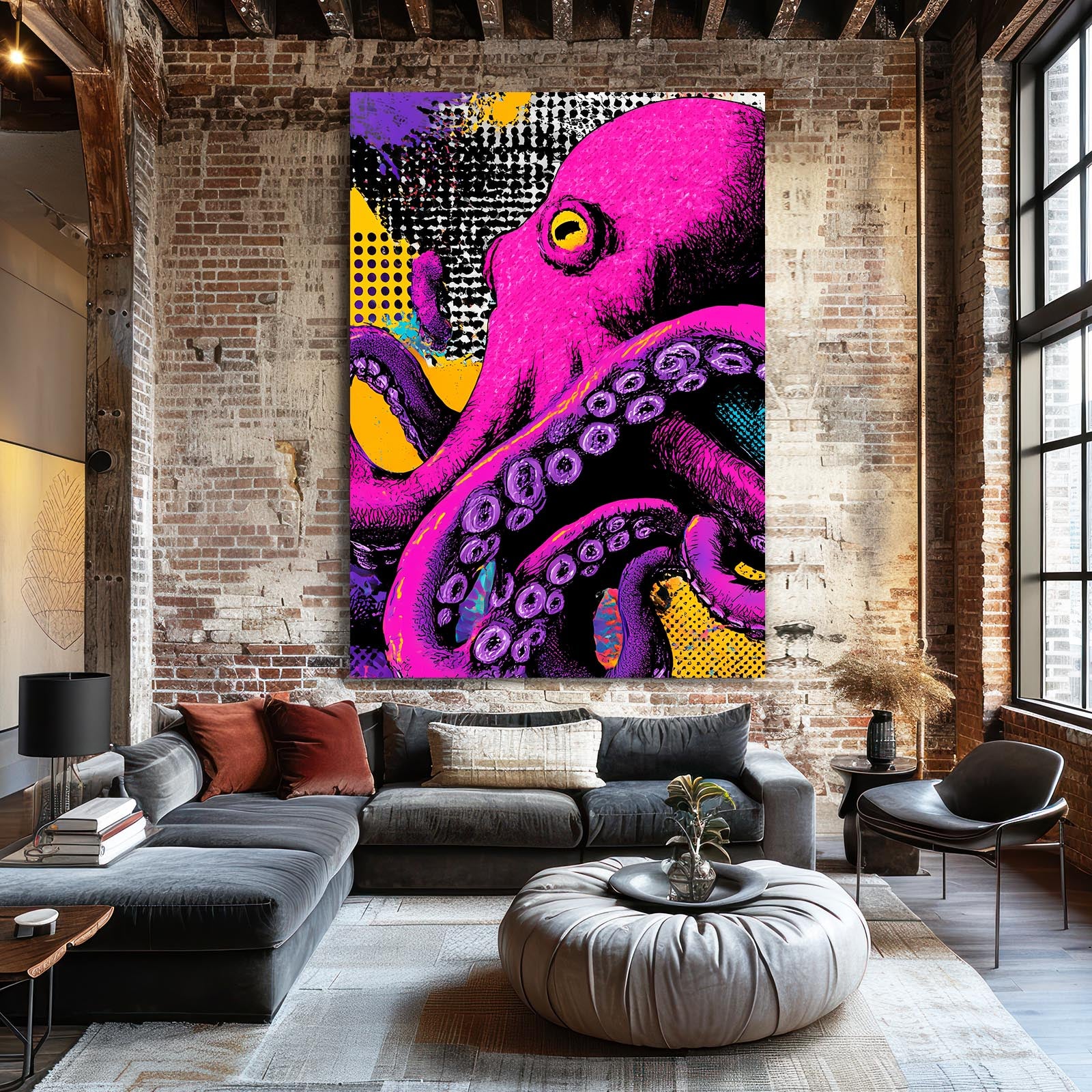 Neon Pop Halftone Octopus Wall Art – styled in a furnished interior