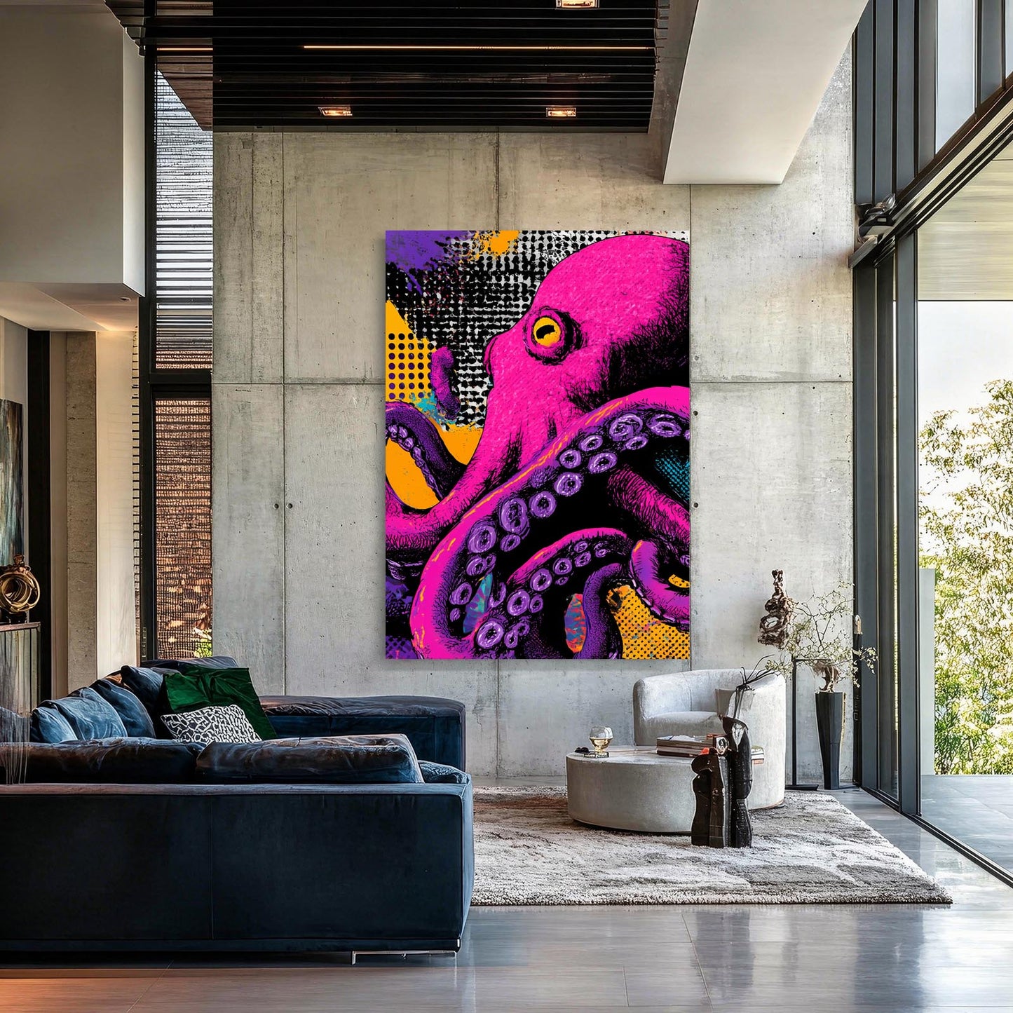 Neon Pop Halftone Octopus Wall Art – styled in a furnished interior