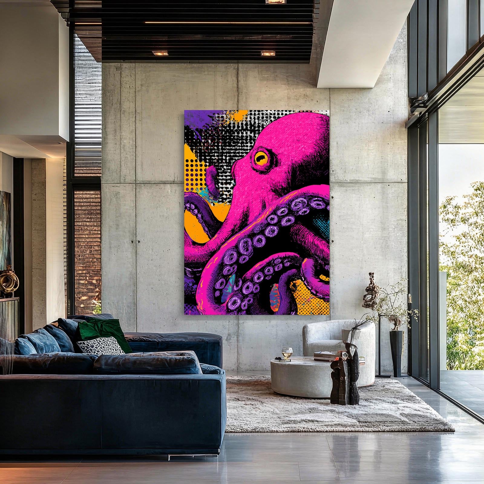 Neon Pop Halftone Octopus Wall Art – styled in a furnished interior