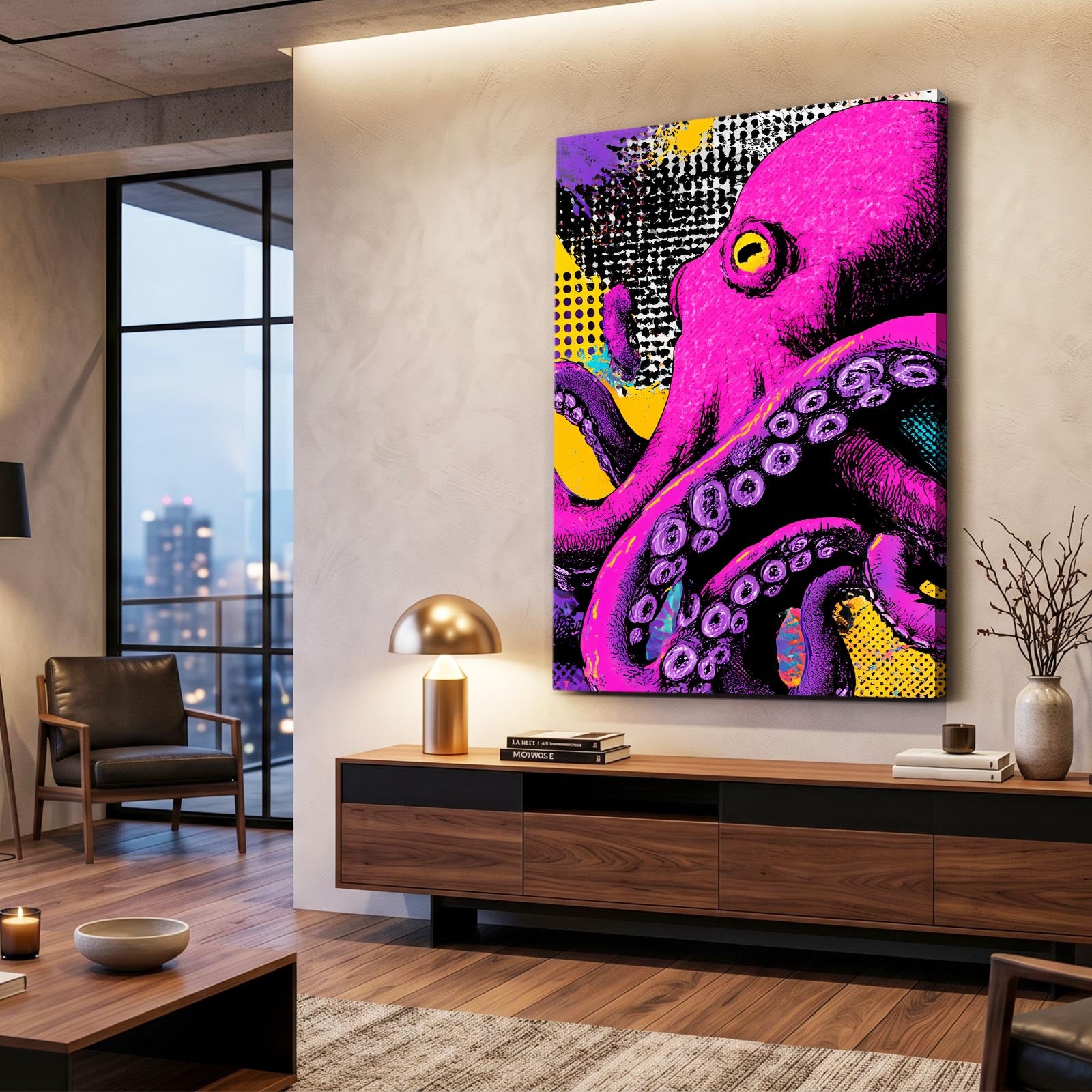 Neon Pop Halftone Octopus Wall Art – styled in a furnished interior