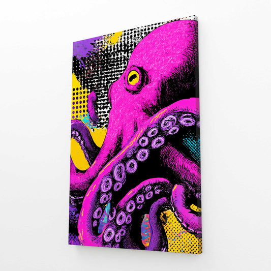 Neon Pop Halftone Octopus Wall Art – angled canvas view on white background