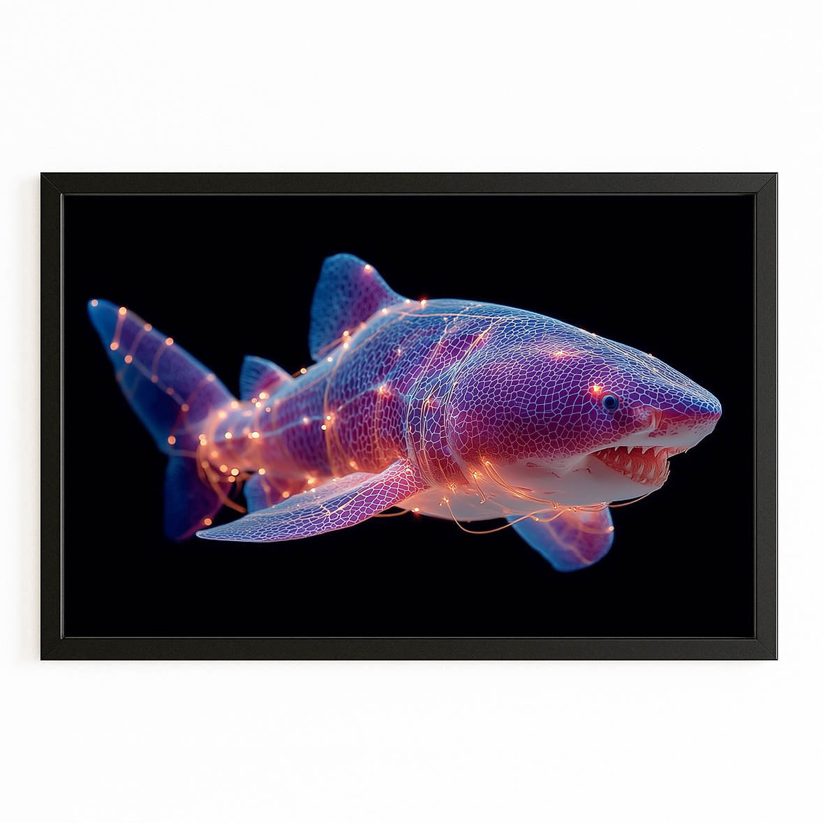 Neon Purple Shark Canvas – with Premium Black frame on white background