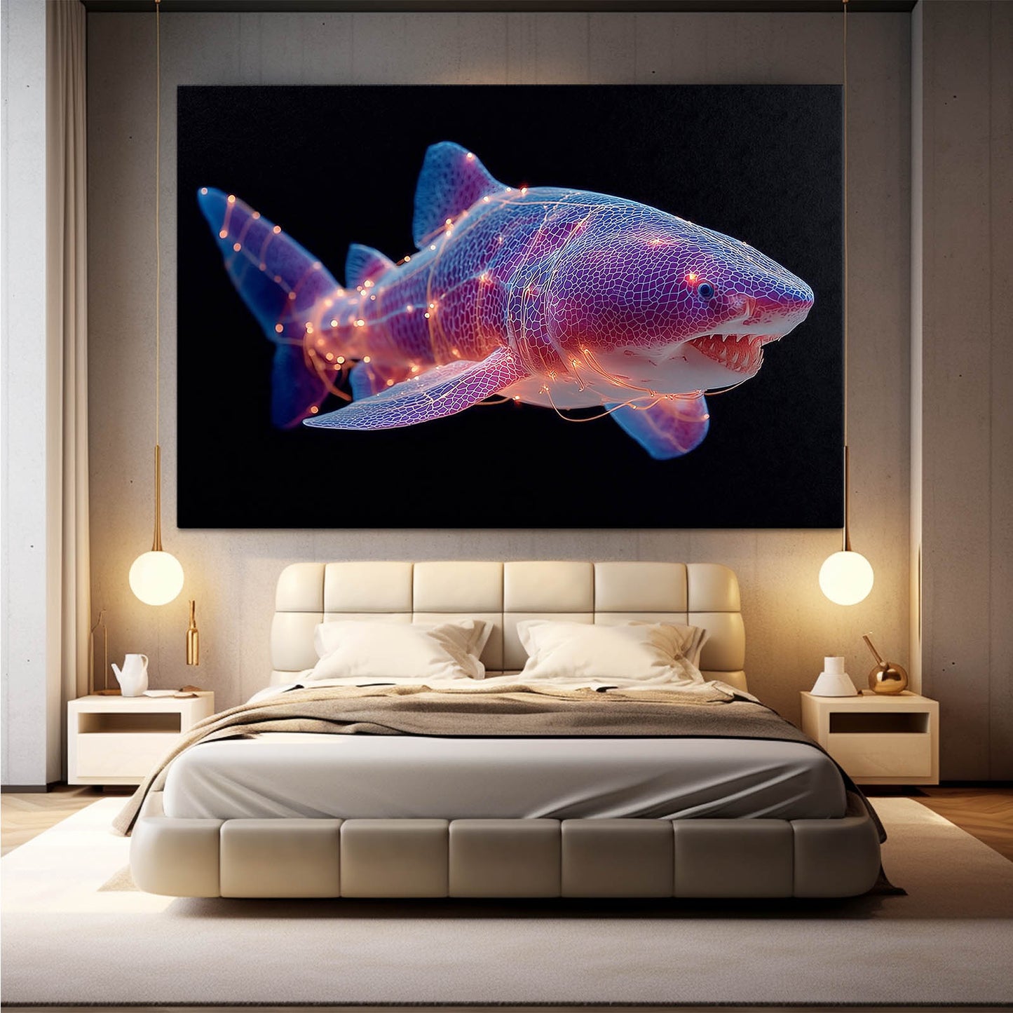 Neon Purple Shark Canvas – styled in a furnished interior