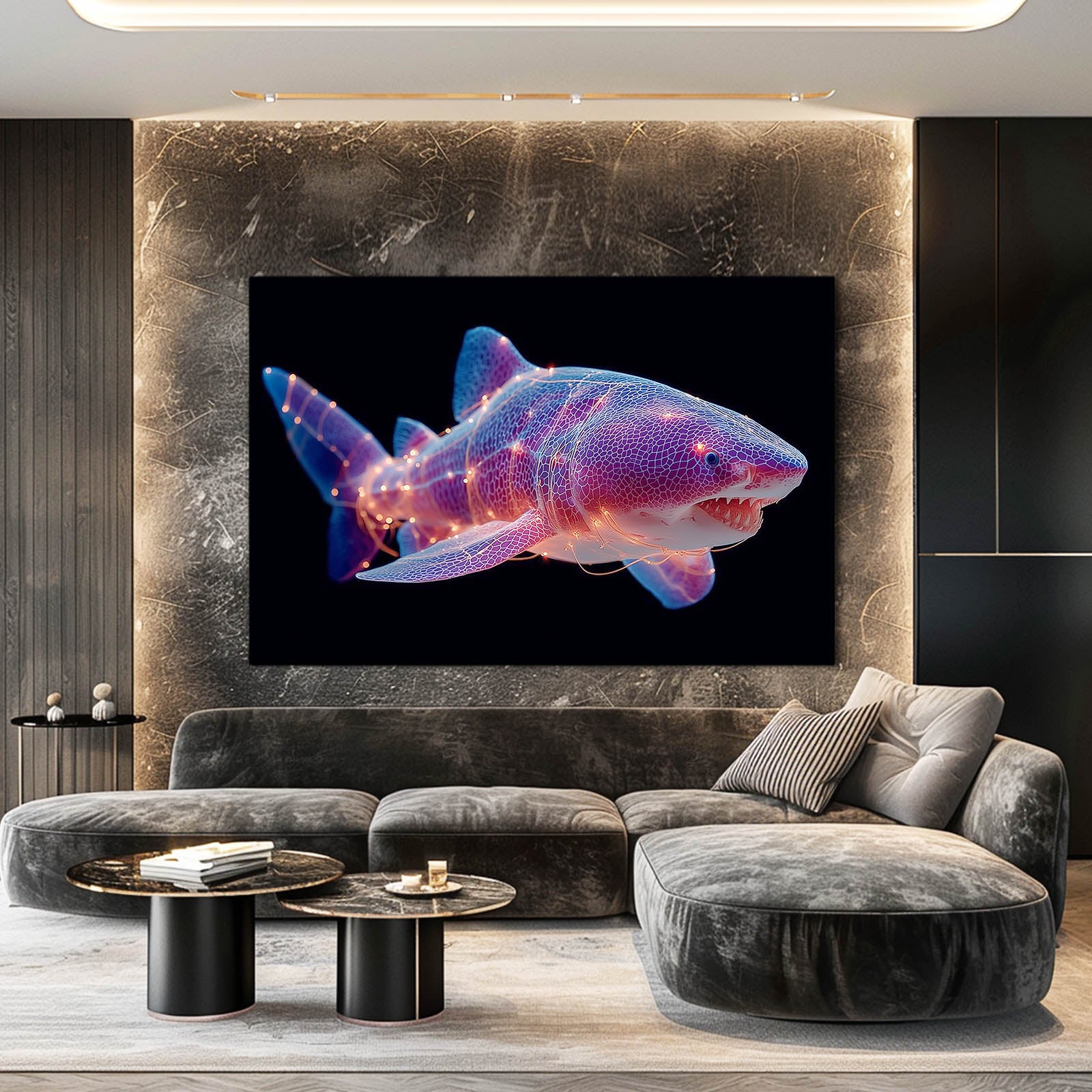 Neon Purple Shark Canvas – styled in a furnished interior