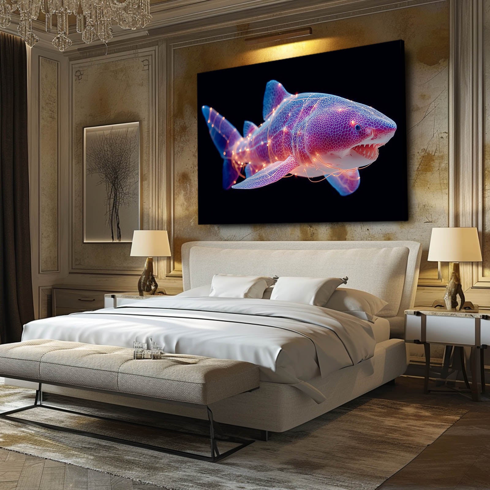 Neon Purple Shark Canvas – styled in a furnished interior