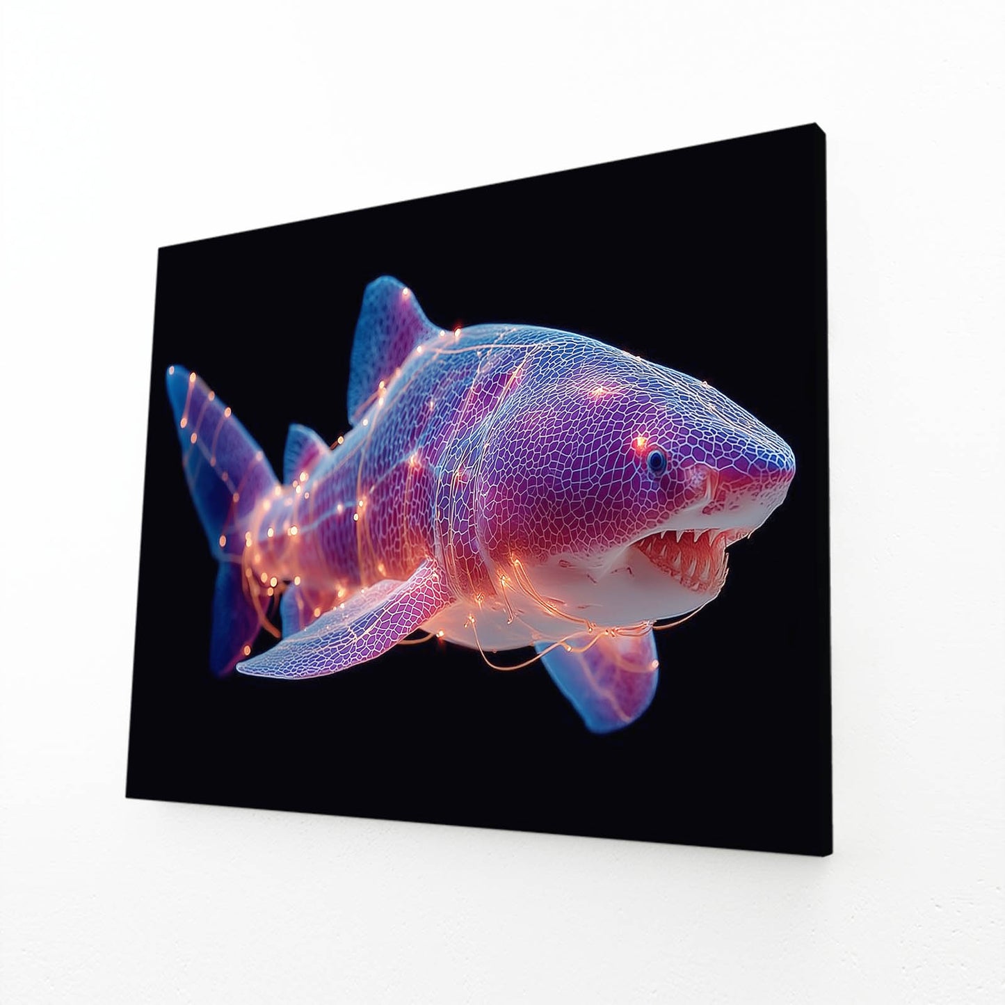 Neon Purple Shark Canvas – angled canvas view on white background