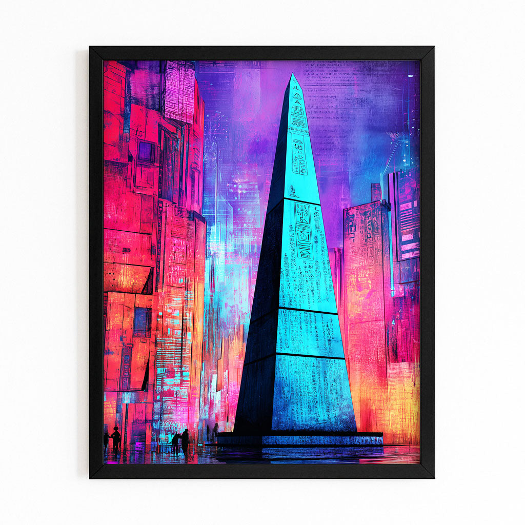Neon Pyramid Geometric Egyptian Wall Art – with Premium Black frame on white background
