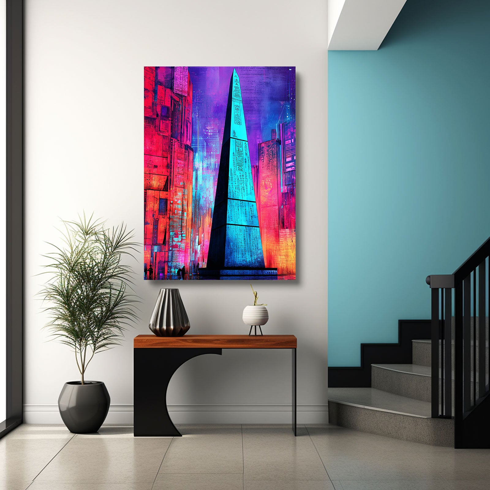 Neon Pyramid Geometric Egyptian Wall Art – styled in a furnished interior