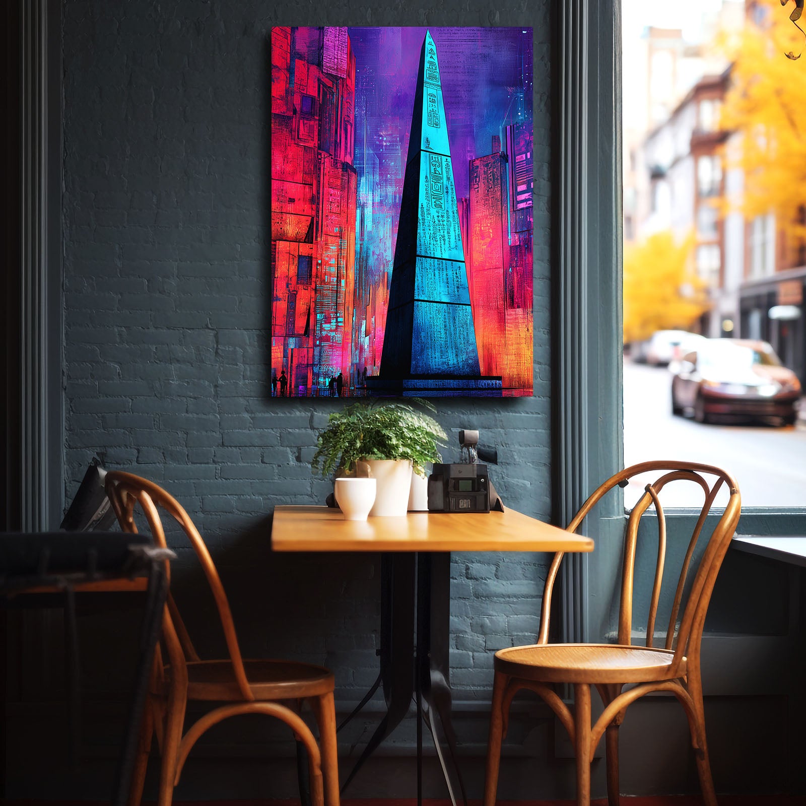 Neon Pyramid Geometric Egyptian Wall Art – styled in a furnished interior