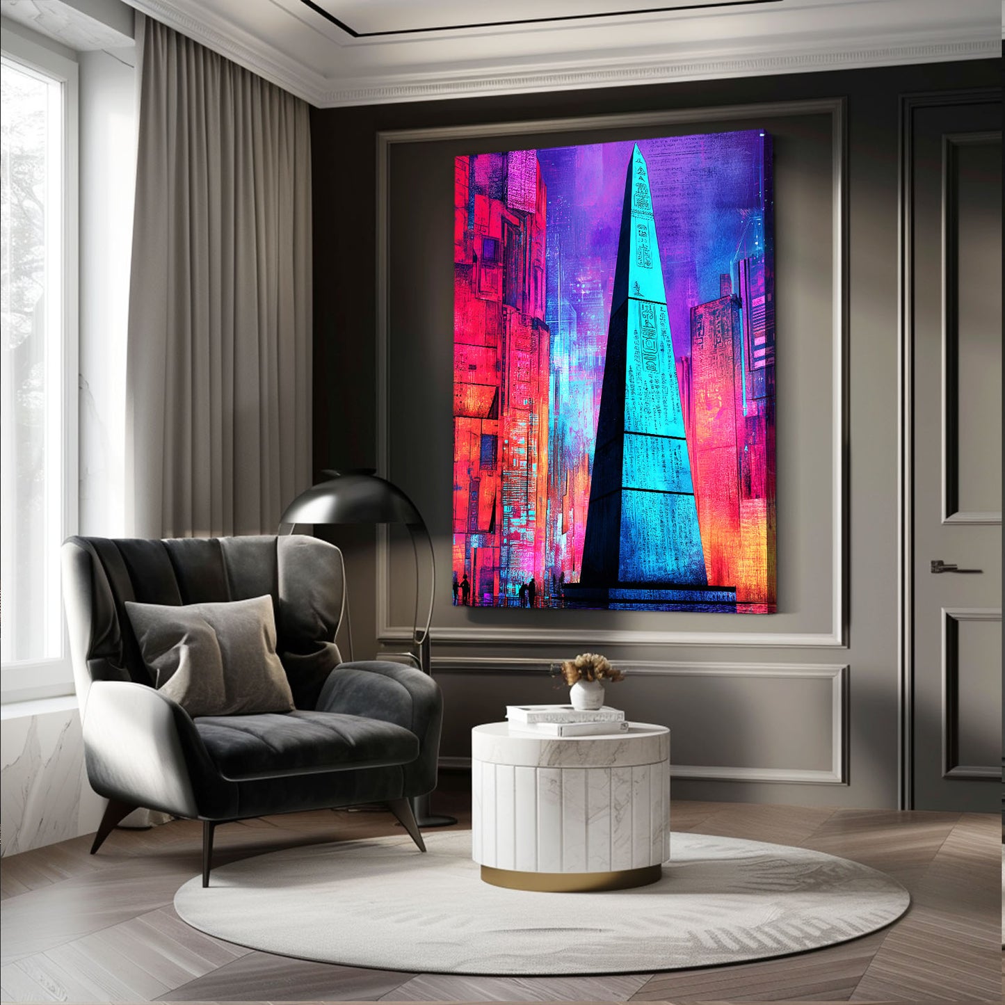 Neon Pyramid Geometric Egyptian Wall Art – styled in a furnished interior