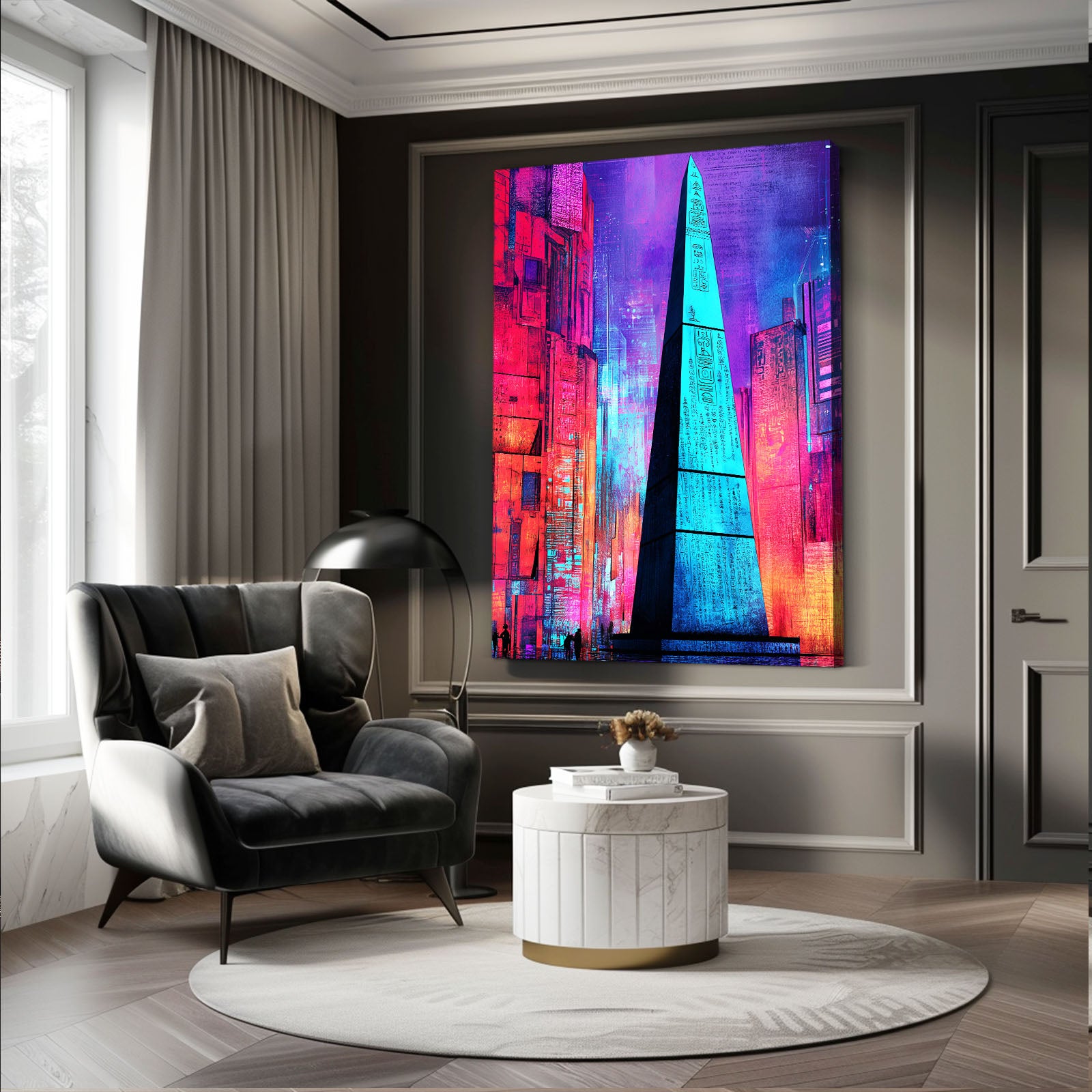 Neon Pyramid Geometric Egyptian Wall Art – styled in a furnished interior