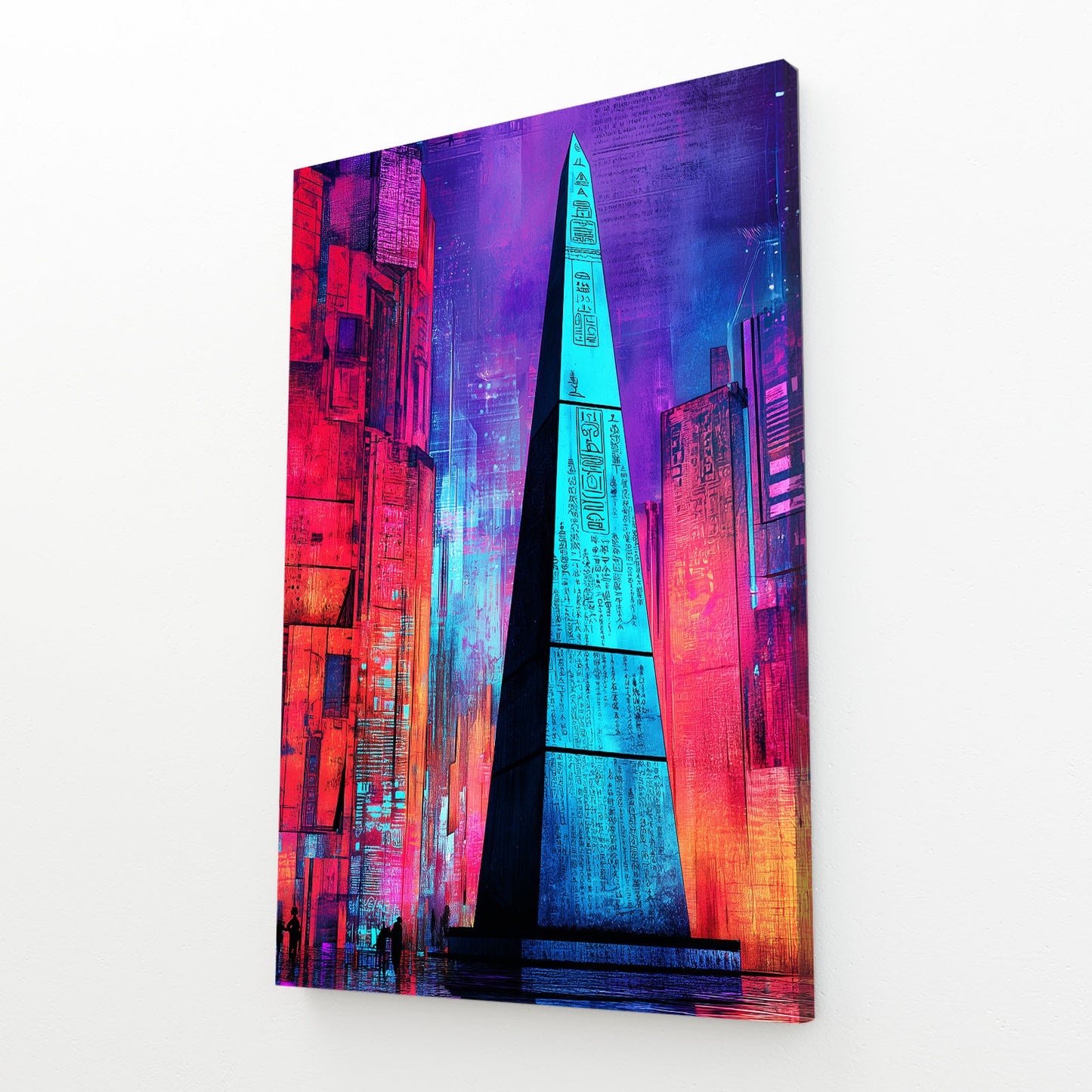 Neon Pyramid Geometric Egyptian Wall Art – angled canvas view on white background