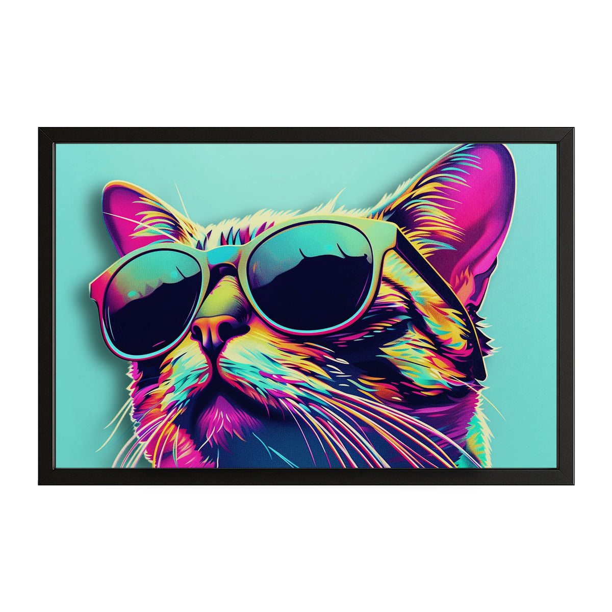 Neon Shades Cat Art — digital canvas print in blue tones, with Premium Black frame on white background