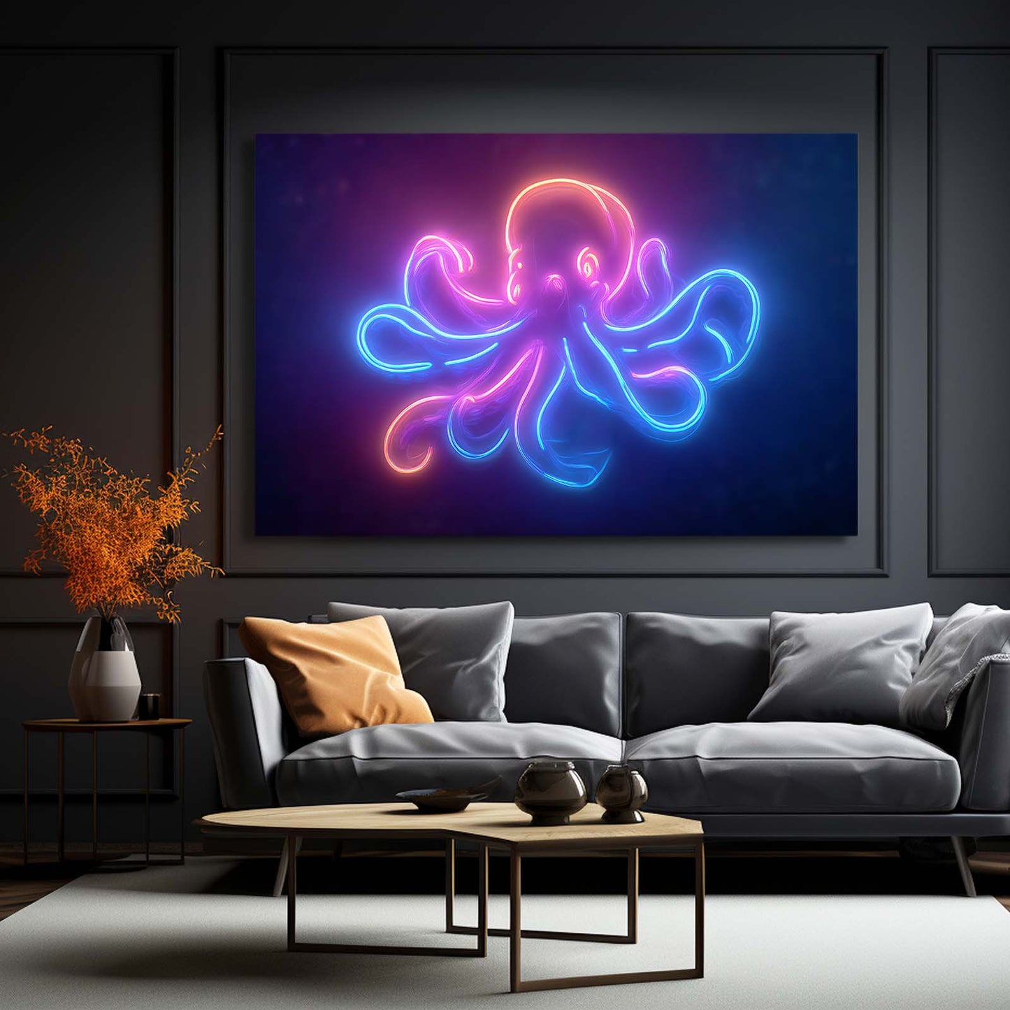 Neon Sign Glow Octopus Prints – styled in a furnished interior