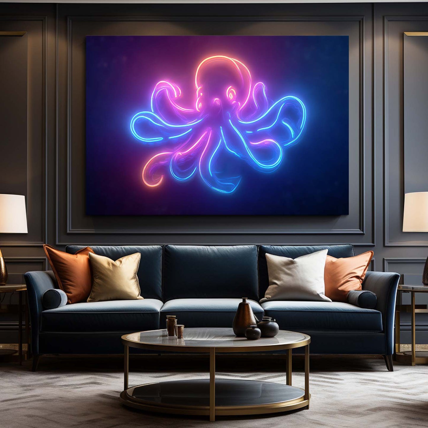 Neon Sign Glow Octopus Prints – styled in a furnished interior