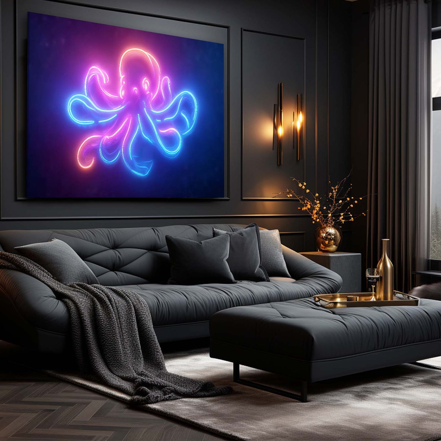 Neon Sign Glow Octopus Prints – styled in a furnished interior