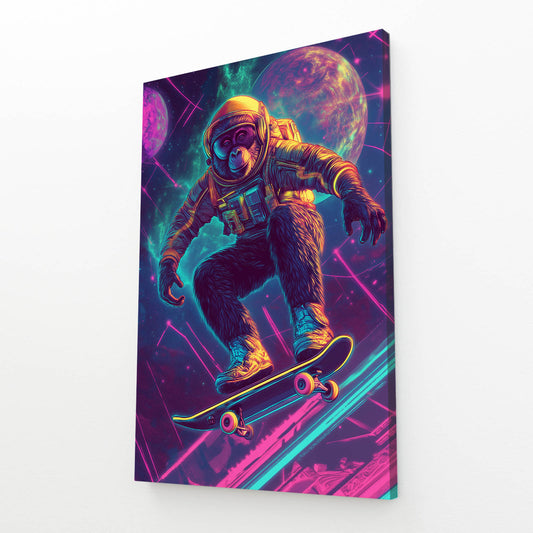 Neon Space Skater Monkey Art – angled canvas view on white background
