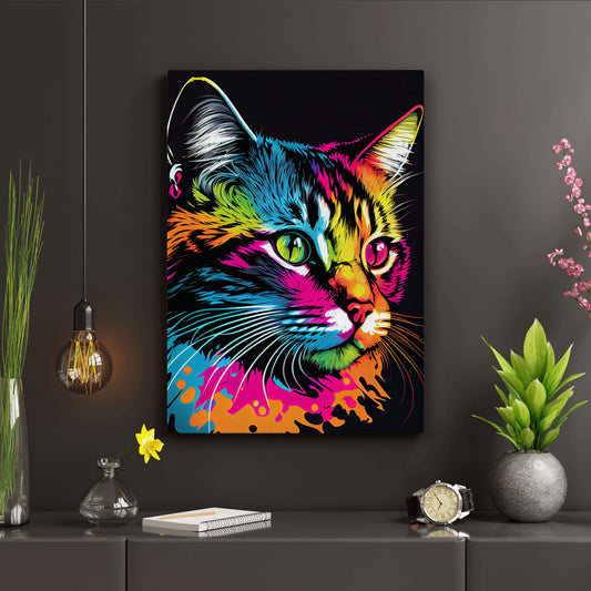 Neon Splash Cat Wall Art — digital canvas print in blue tones, view 3
