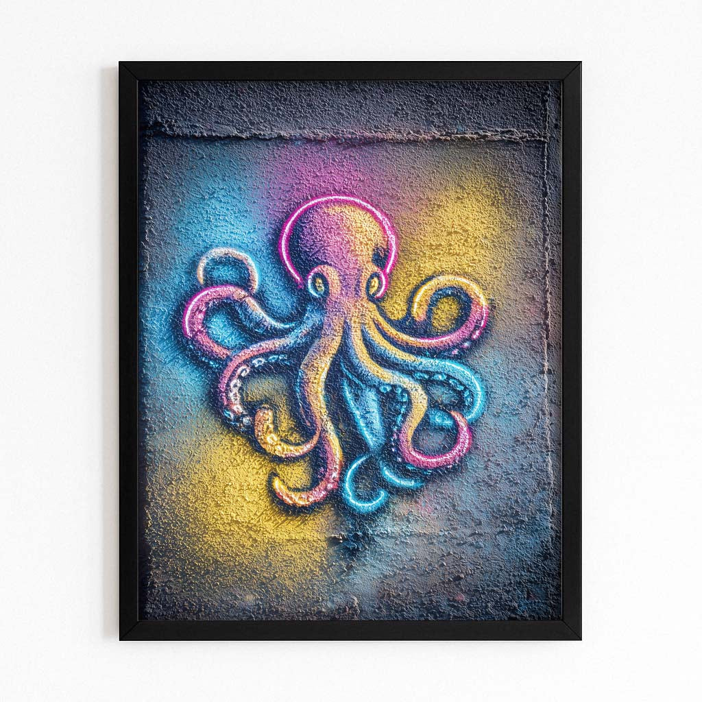 Neon Spray Wall Octopus Canvas Art – with Premium Black frame on white background