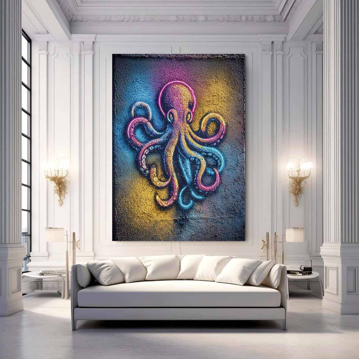 Neon Spray Wall Octopus Canvas Art – styled in a furnished interior