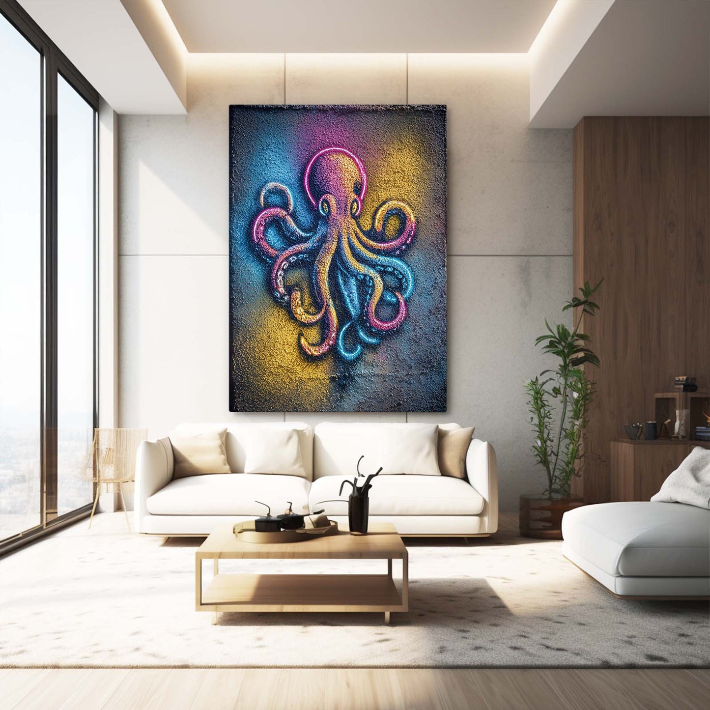 Neon Spray Wall Octopus Canvas Art – styled in a furnished interior