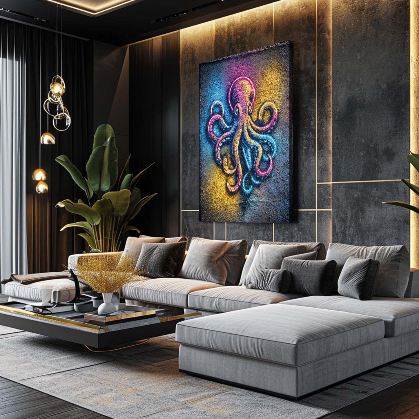 Neon Spray Wall Octopus Canvas Art – styled in a furnished interior