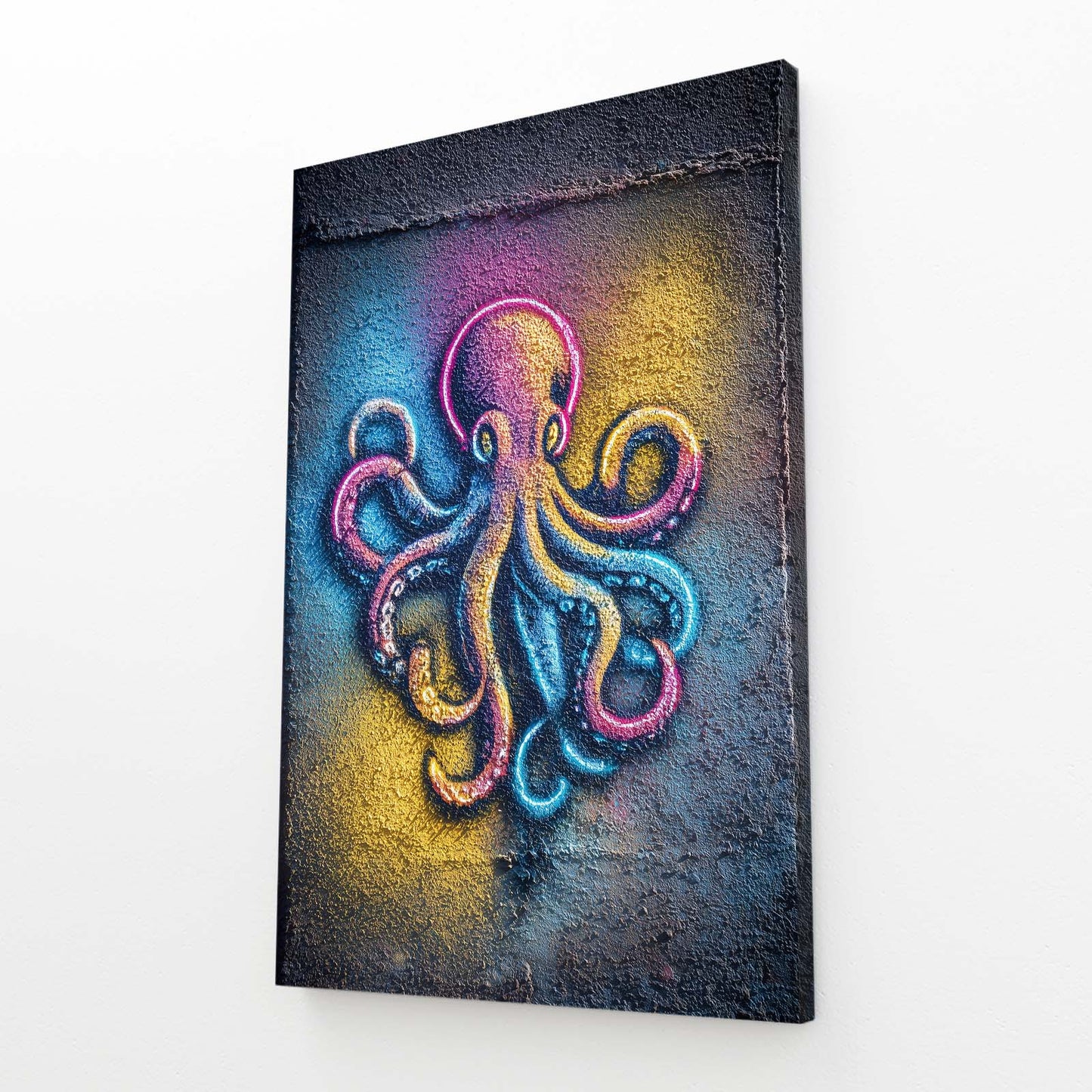 Neon Spray Wall Octopus Canvas Art – angled canvas view on white background