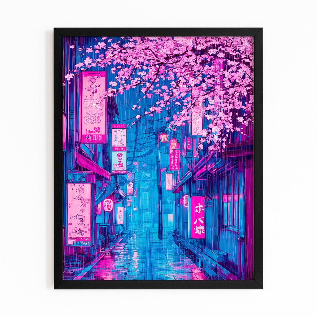 Neon Street Signs Cherry Blossom Prints – with Premium Black frame on white background