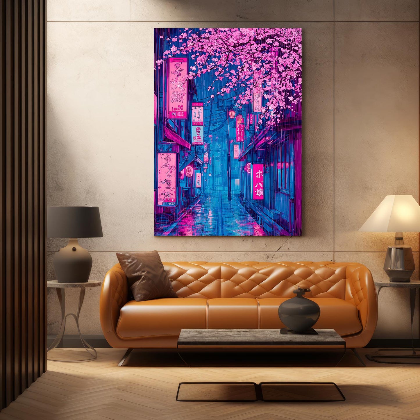Neon Street Signs Cherry Blossom Prints – styled in a furnished interior