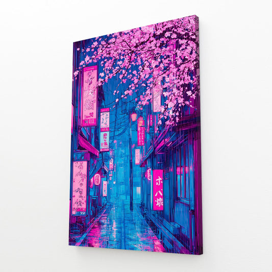 Neon Street Signs Cherry Blossom Prints – angled canvas view on white background