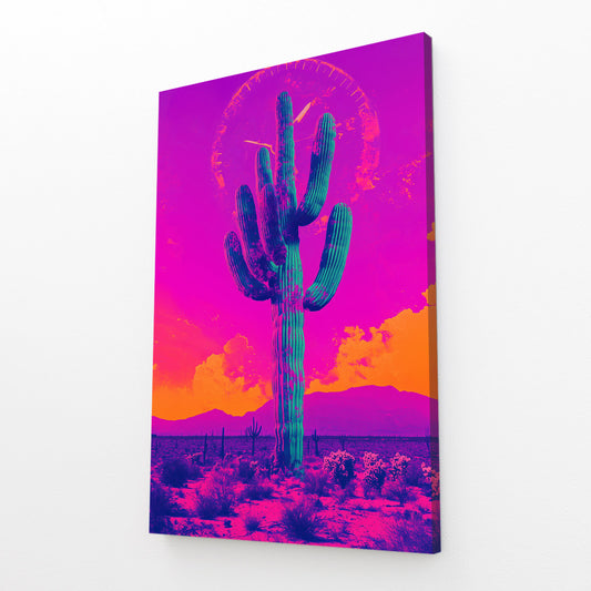 Neon Sunset Gradient Cactus Wall Decor – angled canvas view on white background
