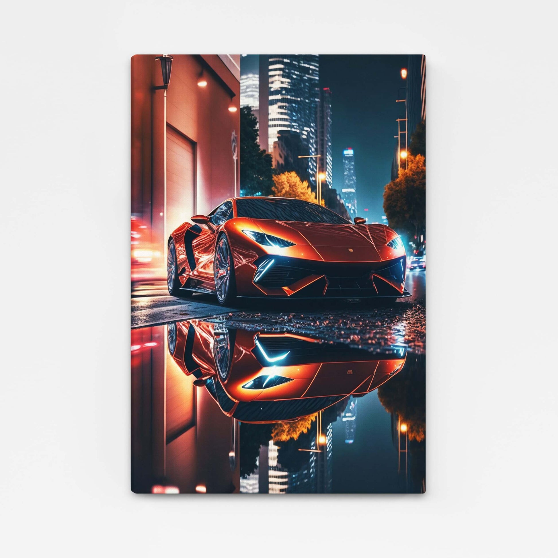 Neon Supercar Modern Photography – supercar reflected in rain under neon city lights