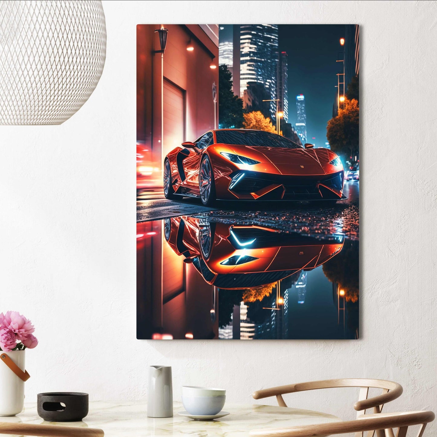 Neon Supercar Modern Photography – above a wooden sideboard with ceramics