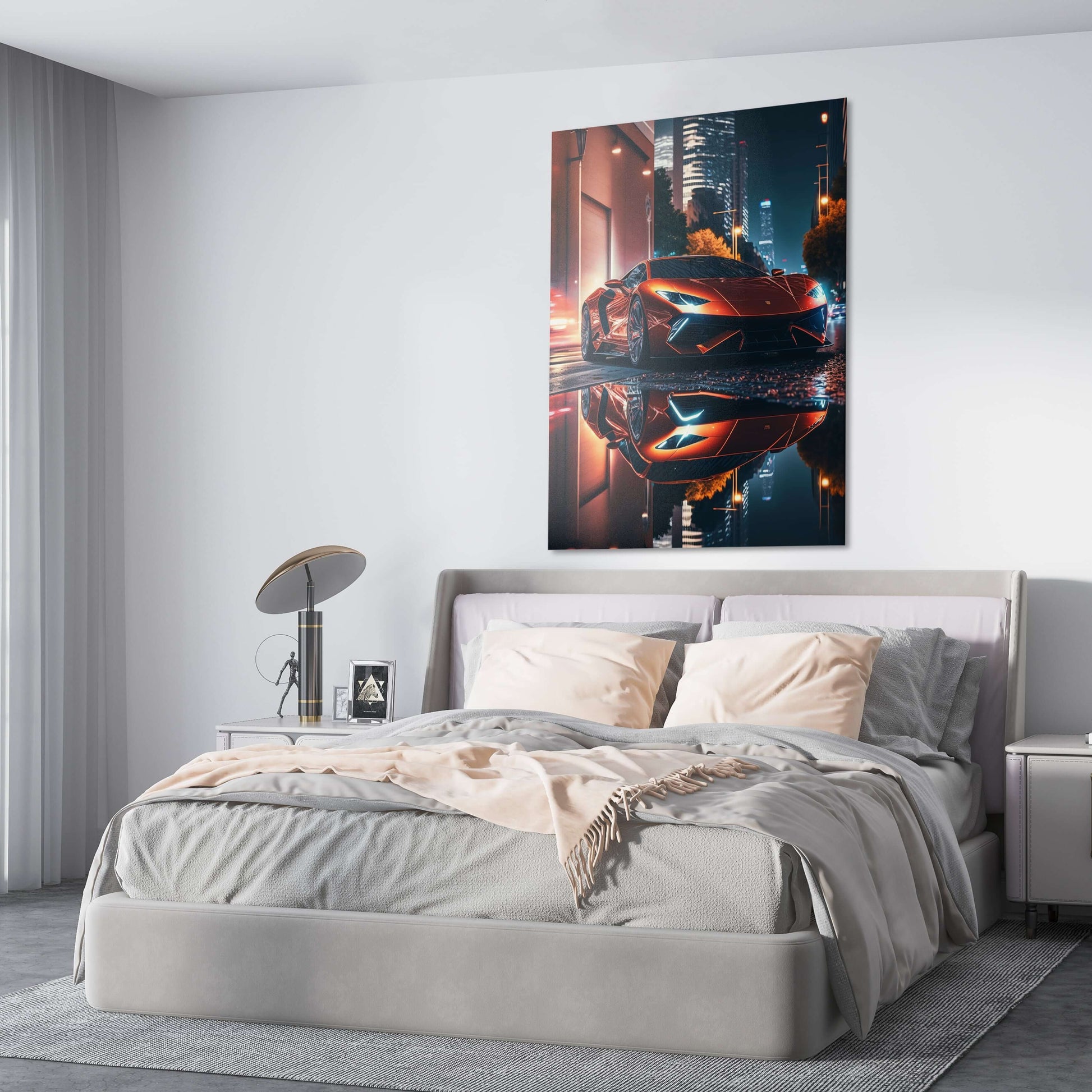 Neon Supercar Modern Photography – above a pale bedroom headboard