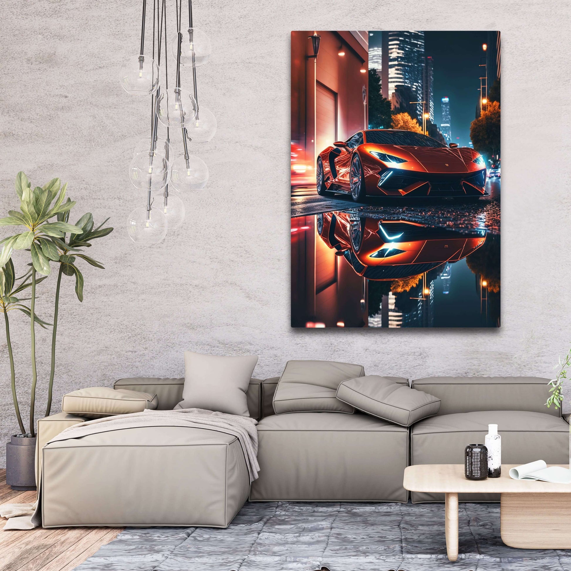 Neon Supercar Modern Photography – above a grey sofa in a minimalist lounge
