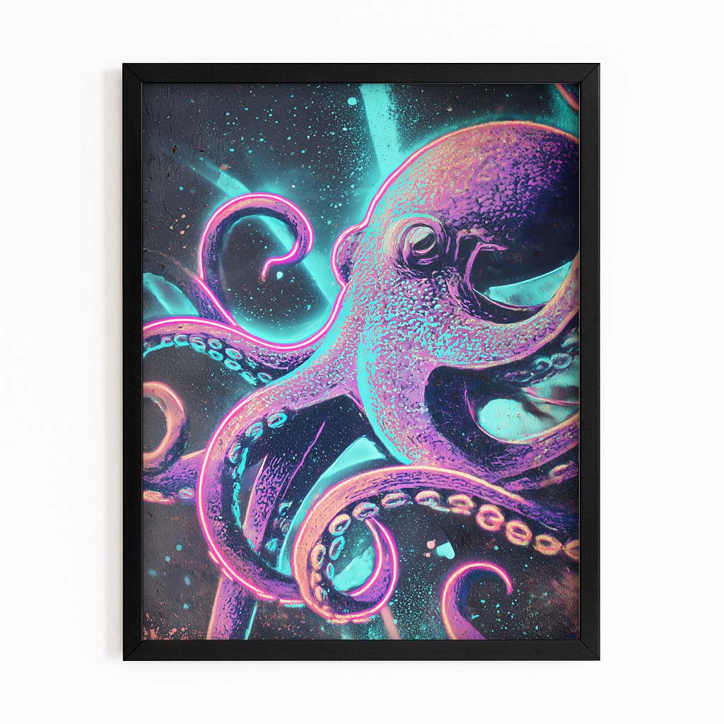 Neon Teal Tentacles Octopus Canvas Art – with Premium Black frame on white background