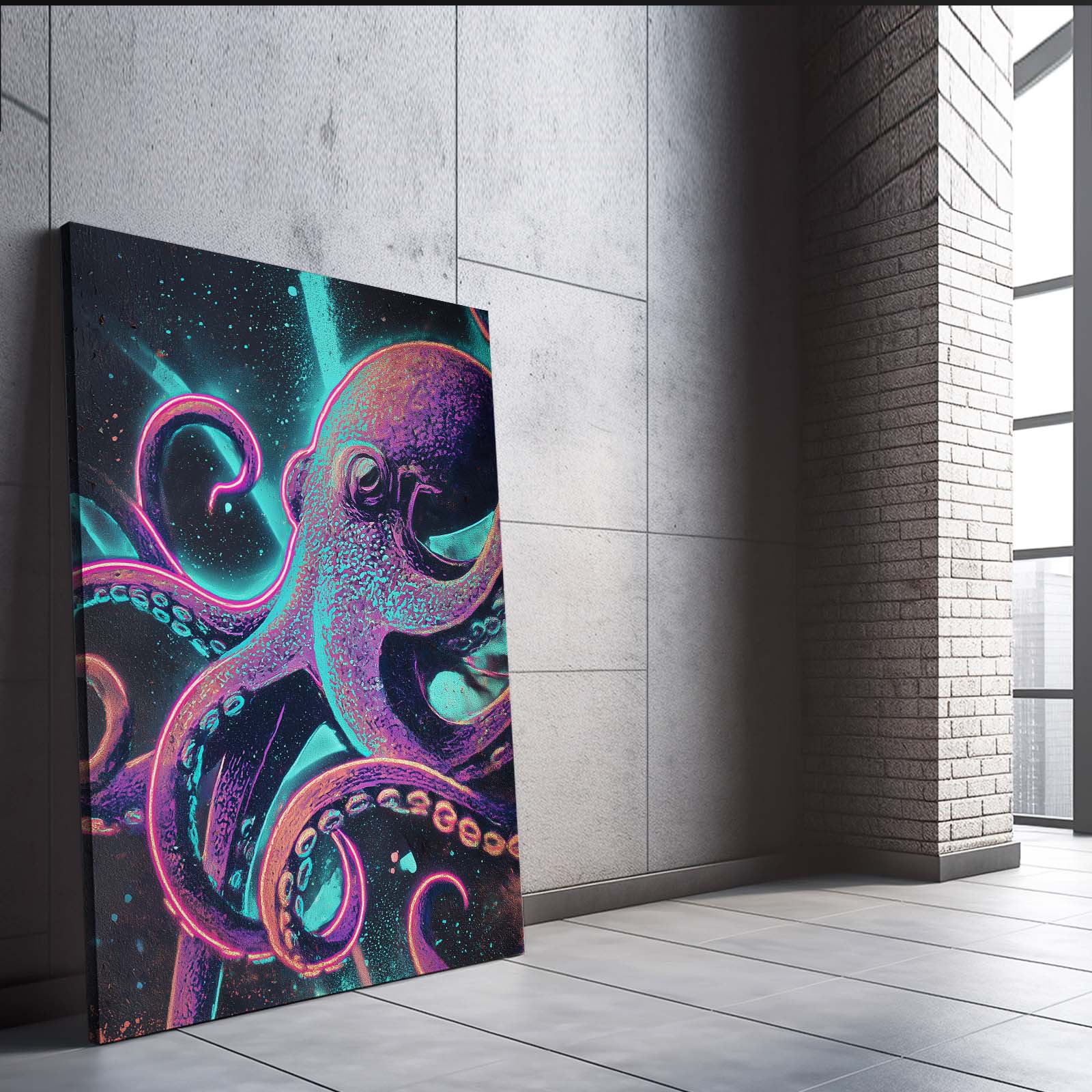 Neon Teal Tentacles Octopus Canvas Art – styled in a furnished interior
