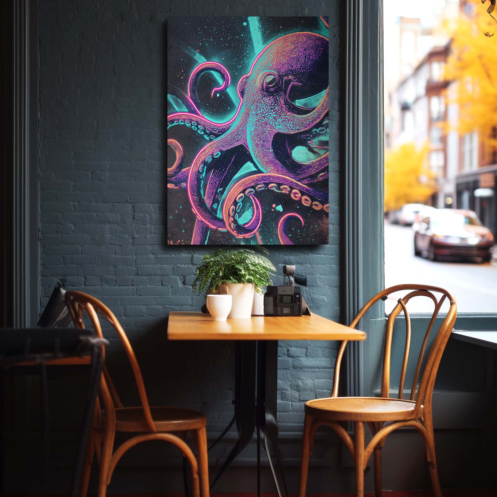 Neon Teal Tentacles Octopus Canvas Art – styled in a furnished interior