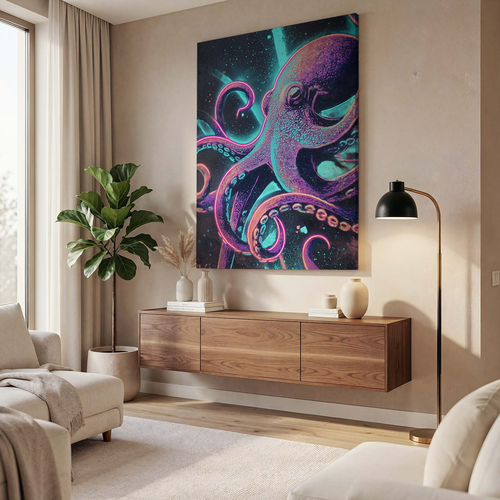 Neon Teal Tentacles Octopus Canvas Art – styled in a furnished interior
